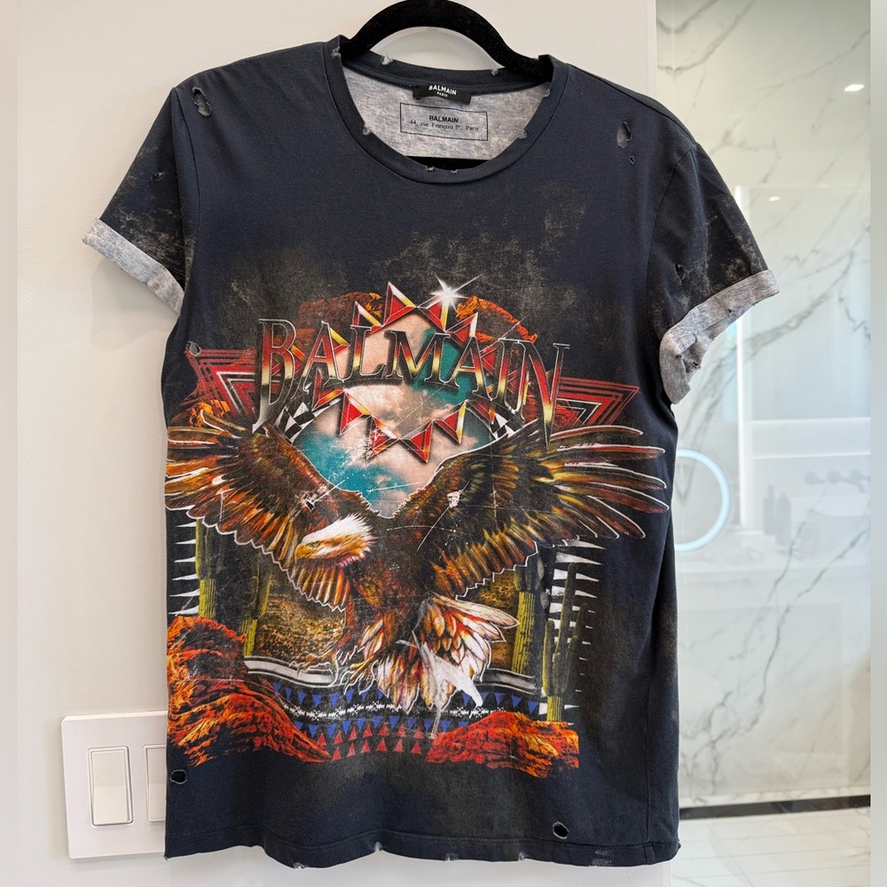 Balmain Eagle Print Vintage Effect Distressed T-Shirt Size Medium
